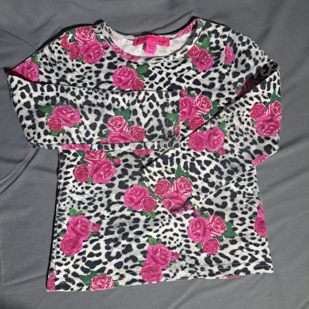 Betsey Johnson Girls Size 6 Long Sleeve Floral Top Pink Flowers Black